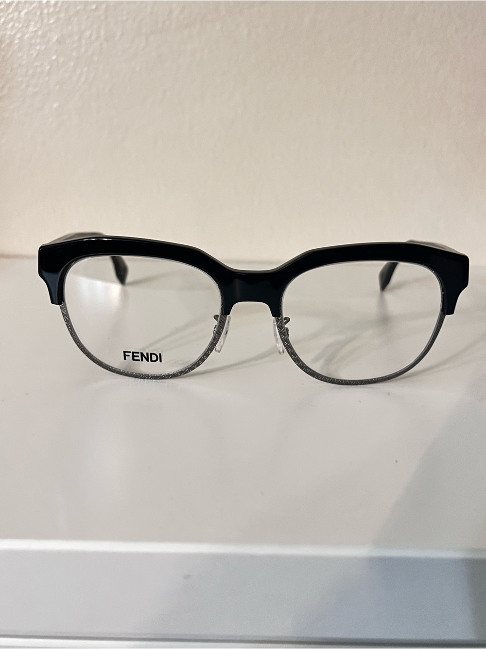 Fendi Black and Silver Semi-Rim Round Glasses